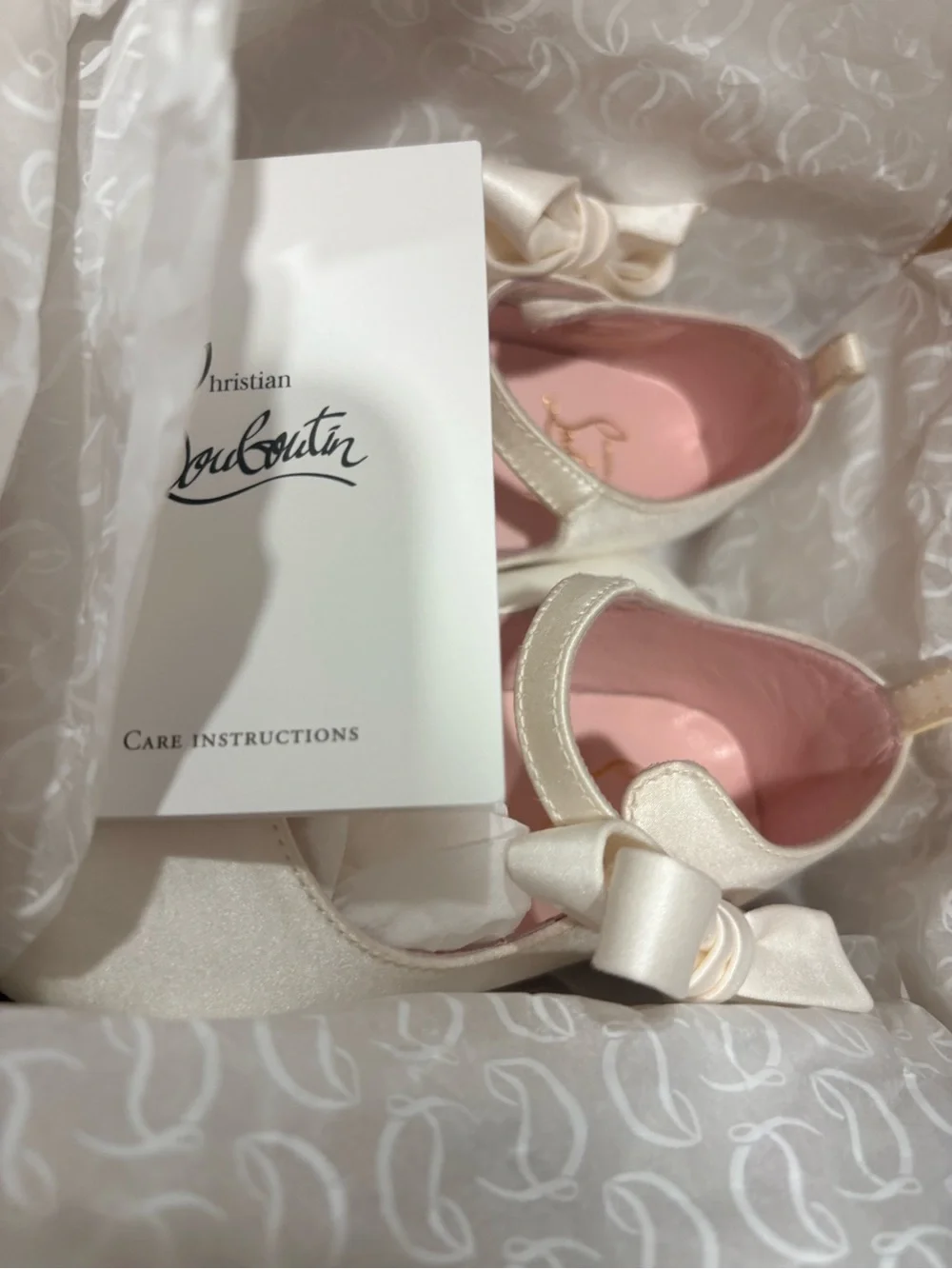 Christian Louboutin Cream Satin Mary Jane Girls' Shoes with Pink Insole and Bow